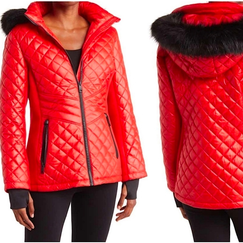 NWT Michael Kors Quilted Water Resistant Coat with Faux Fur Hood - Red/Black